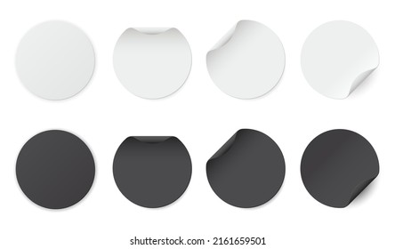 Set of white and black round glued stickers. Blank round paper label template with curled corners. Vector realistic illustration.
