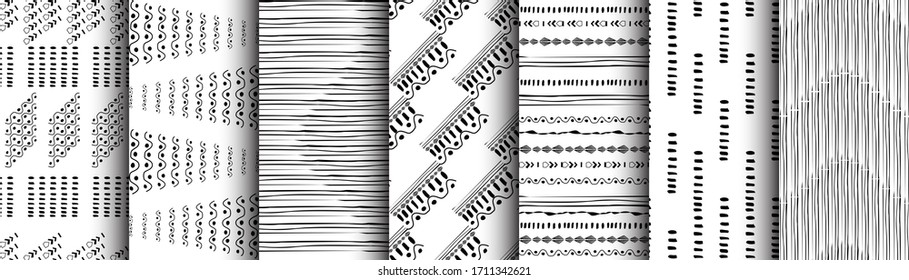 Defina un patrón simple y sencillo en blanco y negro. Textura vectorial elementos nativos y formas para tela y textil, papel pintado, embalaje.