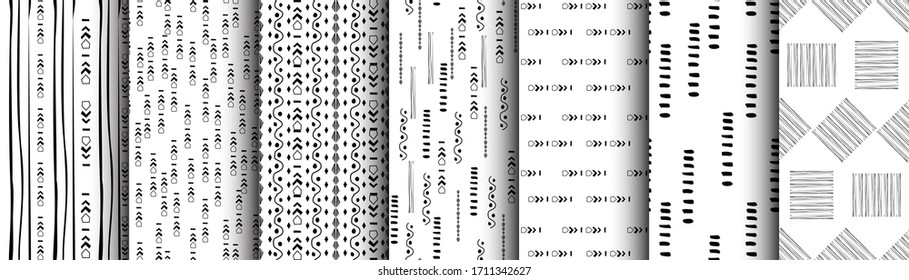 Set white and black simple seamless pattern. Vector texture native elements and shapes for fabric and textile, wallpaper, packaging.