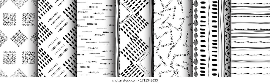 Set white and black simple seamless pattern. Vector texture native elements and shapes for fabric and textile, wallpaper, packaging.