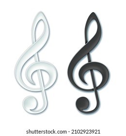 Set of White and Black Treble clef, music violin clef sign. Vector icon for apps and websites. Paper icon with shadow isolated on white