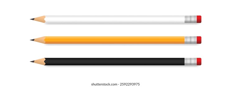 Set of white, black and yellow pencils on white background. Realistic sharpened pencils with rubber band isolated design. School education object can used as a logo or icon, as a separate element