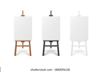 Set of white blank artboards or canvas standing on differently painted wooden easels, realistic vector illustration isolated on white background. Artboards templates set.
