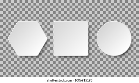 Set of white blank buttons on a transparent background for apps and website. Paper or plastic realistic 3d shape collection. Vector elements, eps10