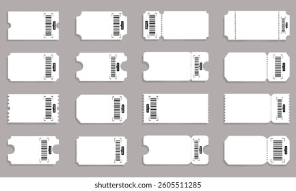 Set of white blank classic ticket templates with barcode. Isolated vector ticket on white background