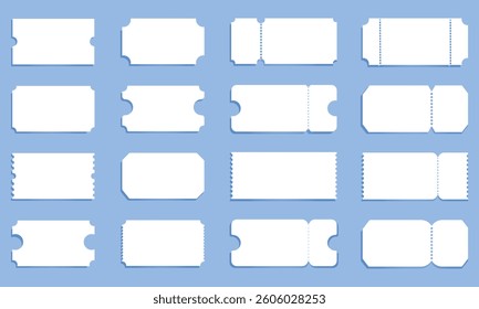 Set of white blank classic ticket templates. Isolated vector ticket for cinema, concerts, festivals, etc.