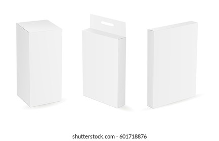 Set of white blank cosmetic or medical boxes isolated. White packaging mockup for design or branding. Vector illustration