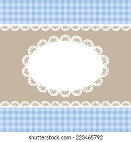 Set of white blank empty lace frame doily and ribbons blue checkered border on a beige texture. vector illustration. 