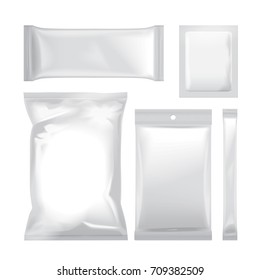 Set of white blank foil bag packaging for food, snack, coffee, cocoa, sweets, crackers, chips, nuts, sugar. Vector plastic pack mock up for your design