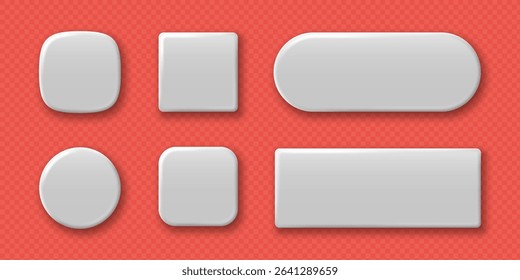 Set of white blank geometric buttons of square round and rectangular shapes with shadows. Vector 3d illustration.