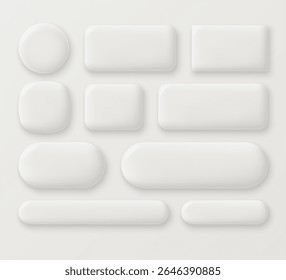 Set of white blank glossy monochrome buttons of different shapes in 3D style. Round, square and rectangular icons or frames. Vector illustration.