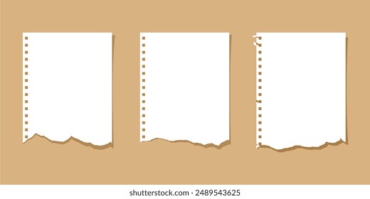 Set of white blank notebook sheets with torn edges for writing text, posters, stickers, collage, design. Vector illustration of paper isolated letterheads in flat style. Template for text.