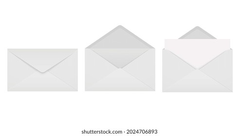 Set of white blank paper envelopes in open, closed position, with sheet of paper, front view.