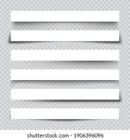 Set of white blank paper scraps with shadows. Page dividers on checkered background. Realistic transparent shadow effect. Element for design. Vector illustration.