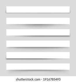 Set of white blank paper scraps with shadows. Page dividers on gray background. Realistic transparent shadow effect. Element for design. Vector illustration.