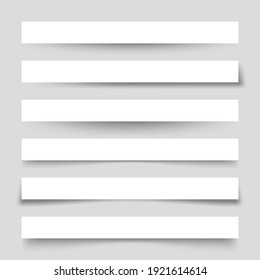 Set of white blank paper scraps with shadows. Page dividers on gray background. Realistic transparent shadow effect. Element for design. Vector illustration.