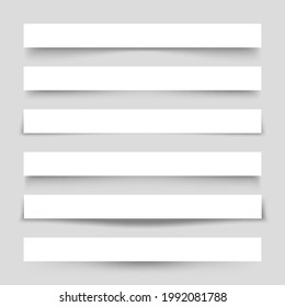 Set of white blank paper scraps with shadows. Page dividers on gray background. Realistic transparent shadow effect. Element for design. Vector illustration.
