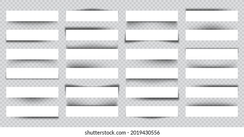 Set of white blank paper scraps with shadows. Page dividers on checkered background. Realistic transparent shadow effect. Element for design. Vector illustration.