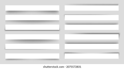 Set of white blank paper scraps with shadows. Page dividers on gray background. Realistic transparent shadow effect. Element for design. Vector illustration.
