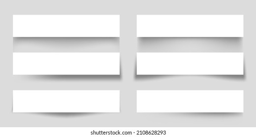 Set of white blank paper scraps with shadows. Page dividers on gray background. Realistic transparent shadow effect. Element for design. Vector illustration.