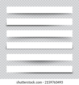 Set of white blank paper scraps with shadows. Page dividers on checkered background. Realistic transparent shadow effect. Element for design. Vector illustration.