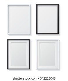 Set of White Blank Picture Frames and Black Blank Picture Frames, hanging on a White Wall from the Front. 
Design Template for Mock Up.