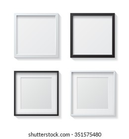 Set of White Blank Picture Frames and Black Blank Picture Frames, hanging on a White Wall from the Front. 
Design Template for Mock Up.  Vector illustration