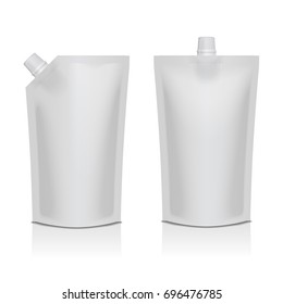 Set of white blank plastic doypack stand up pouch with spout. Flexible packaging mock up for food or drink for your design