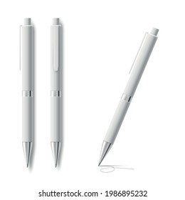 Set of white blank plastic pen templates for business gifts or writing tools identity and logo placement, realistic vector illustration isolated on white background.