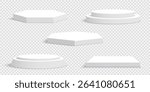 Set of white blank podiums on transparent background. Pedestals. Scene. Vector illustration.