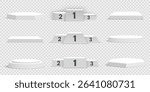 Set of white blank podiums on transparent background. Pedestals. Scene. Vector illustration.