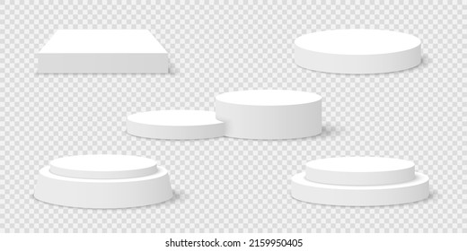 Set of white blank podiums on transparent background. Pedestals. Scene. Vector illustration.