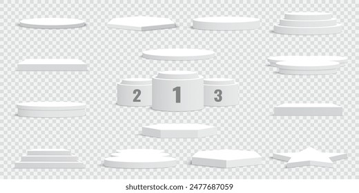 Set of white blank podiums on transparent background. Pedestals. Scene. Vector illustration.