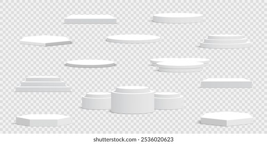 Set of white blank podiums on transparent background. Pedestals. Scene. Vector illustration.
