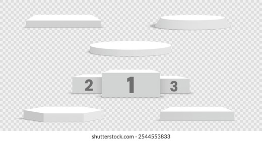 Set of white blank podiums on transparent background. Pedestals. Scene. Vector illustration.