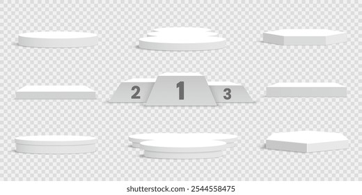 Set of white blank podiums on transparent background. Pedestals. Scene. Vector illustration.