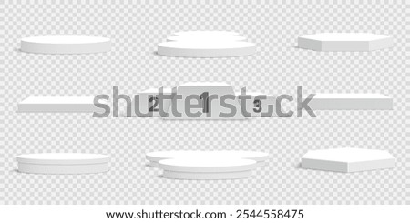 Set of white blank podiums on transparent background. Pedestals. Scene. Vector illustration.