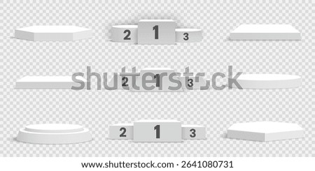 Set of white blank podiums on transparent background. Pedestals. Scene. Vector illustration.