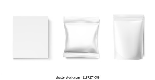 Set of white blank pouch packs and box mockup. Vector illustration isolated on white background. Ready for your design. Can be use for your design, presentation, promo, ad. EPS10.