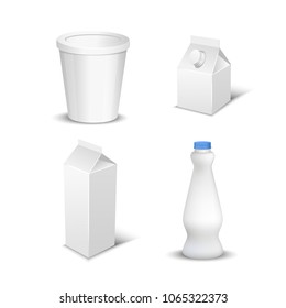 Set of white blank realistic dairy packaging including plastic bottles and carton packets isolated vector illustration