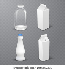 Set of white blank realistic dairy packaging including plastic bottles and carton packets isolated vector illustration