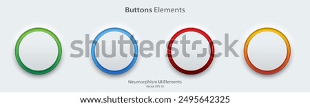 A set of white blank round buttons with light neon colorful. 3D Neumorphism buttons design style for Apps, Websites, Interfaces, and mobile apps. UI UX. Vector illustration.