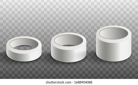 Set Of White Blank Scotch Adhesive Tape Rolls In Three Different Sizes, Realistic Vector Mockup Illustration Isolated On White Background. Sticky Package Band Template.