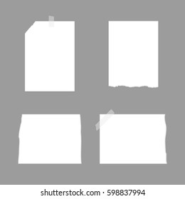 A set of white blank sheets with torn edges. Four isolated rectangular pieces of paper. Vector illustration.