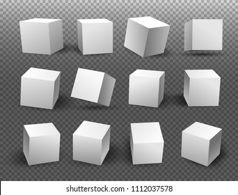 Set of white blocks. 3d  icons with a perspective modeling white cubes. Vector illustration. Isolated on a transparent background