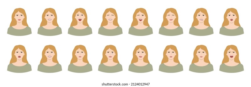 Set of white blonde woman emotions. Variations of female facial expressions. Smile, happy, cheerful, surprised, sad, dissatisfied, angry, terrified emotions. Flat vector character isolated on white.