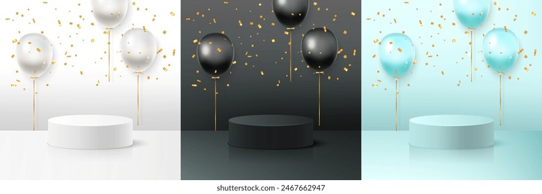 Set of white, blue, black 3d podium with realistic balloons. Product presentation mockup.