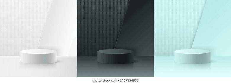 Conjunto de podio 3d blanco, azul, negro con fondo abstracto. maqueta de presentación de Producto.