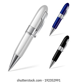 Set of white, blue and black ballpoint pens isolated on white background