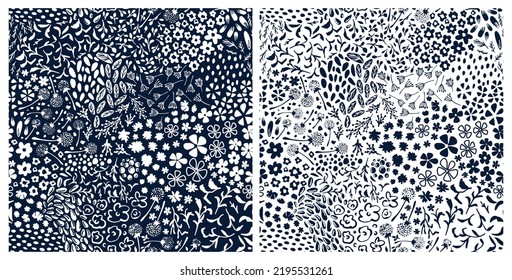 Set of white and blue botanical seamless repeat pattern. Random placed, vector doodled herbs, flowers, grass, branches, dots all over surface prints.